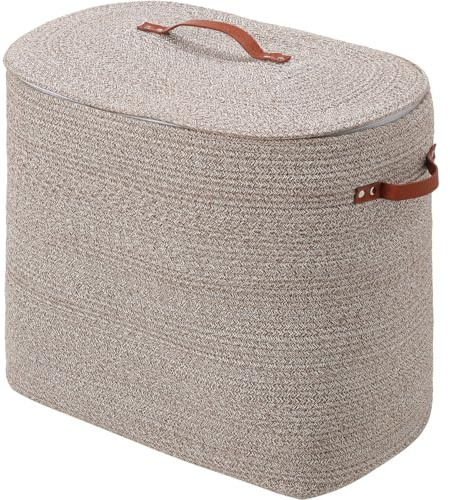Extra Large Cotton Rope Rectangular Basket with Lid and Zipper, Versatile Laundry Hamper and Cloth Bin for Clothes, Towels, Blankets, Living Room Organization (All Deep Camel White Mix, 22”x14”x18”)