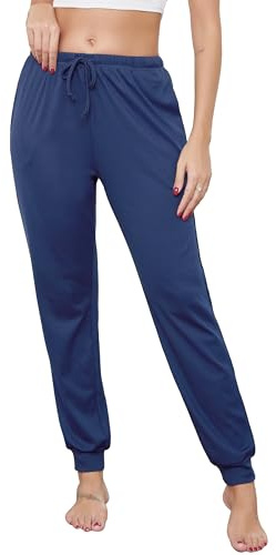 Wikoan Dam pyjamasbyxor lång supermjuk lounge stretch stickad damer pyjamasbyxor med fickor och dragsko S-XXL, marinblå, XL