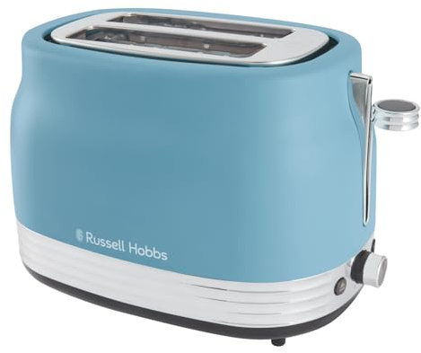 Russell Hobbs Toaster 2 Slice, Hanley Retro, 6 Browning Levels, Wide Slots, Stylish Matte finish With Chrome Accents, Removable Crumb Tray for Easy Cleaning, 930W, Blue/Cream (Matte Blue)