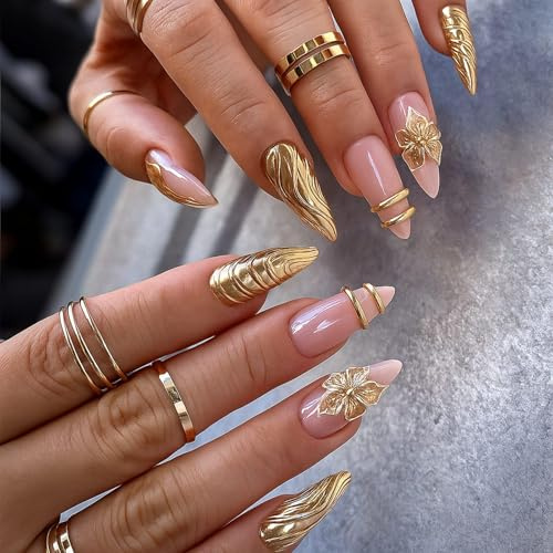 High-Gloss Pink and Gold False Nails with 3D Floral and Wave Designs for Party and Wedding - Long Almond Press-On Nails with Glue for Women Everyday Manicure and French Touch