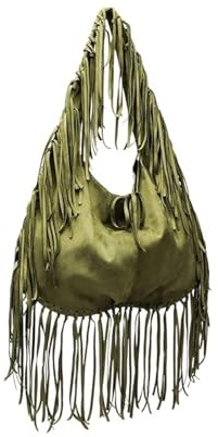 ITRHJTGP Fransväska, mode, retro, tofs, handväska, läder, västerländsk cowboy-stil, puffig axelrem, Grön 40x1x36 cm, Taille unique