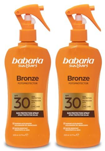 Babaria - Bronceador Crema Solar SPF30 en Spray Pack de 2 | Acelerador Bronceado | Apta Para Pieles Sensibles | Coral Friendly y Biodegradable | Resistente al Agua | Vegano | 200 ml