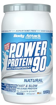 Body Attack POWER PROTEIN 90 - Neutral - 1kg Dose - Mehrkomponenten Protein Pulver, Made in Germany - Mit BCAA, Vitaminen & L-Carnitin - Protein Shake extra cremiger Geschmack, gute Löslichkeit | Mehrkomponenten Protein Pulver, Made in Germany, mit BCAA, Vitaminen & L-Carnitin, Protein Shake extra cremig