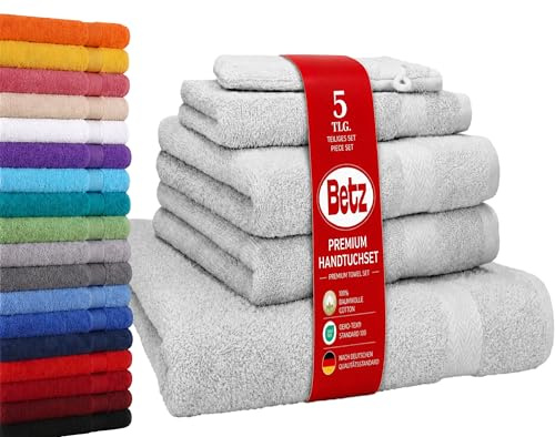 Betz Premium Frottier Handtuch-Set 5-teilig - 1x Liegetücher - 2X Handtücher - 1x Gästetücher - 1x Waschhandschuh - Silbergrau