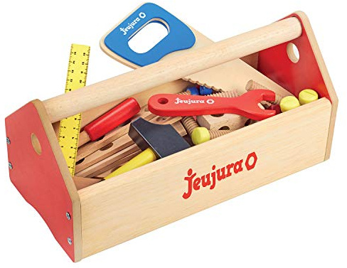 Jeujura - Boite a Outils en Bois - Jeu Imitation Enfant dès 3 Ans - 8592 | Outils en bois - Marteau, scie, tournevis, clé et équerre - Jeu d’imitation pour bricoler - Idée cadeau enfant