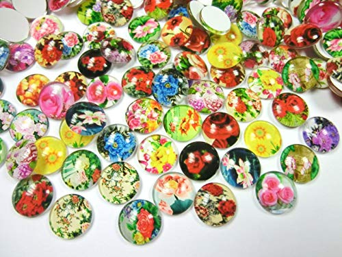 Glas Cabochons 12mm Motiv Blume rund flach (Blume #101) | 50 Stück, 12x4mm, Glascabochons
