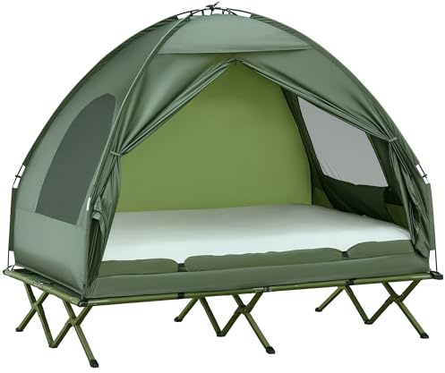 Outsunny 2-Person Tent Cot, 4-in-1 Elevated Camping Bed Combo with Air Mattress, Bed Cover, Foot Pump, Folding Off Ground Double Tent for Camping, Hiking, Backpacking