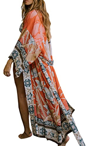 LikeJump Women's Long Floral Kimono Dressing Gown Beach Bikini Cover-Ups Maxi Dress Plus Size Summer Robe Orange
