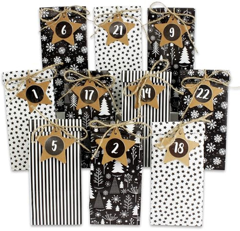 Papierdrachen Adventskalender 2025 zum Befüllen - 24 bedruckte Geschenktüten mit Zahlenaufklebern & Klammern - Motiv Schwarz Weiß - DIY - zum Basteln - Weihnachten