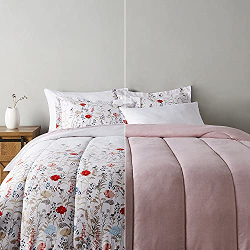 Amazon Basics Full/Queen Size Ultra-Soft Lightweight Microfiber Reversible 3-Piece Bedding Comforter Set, Pink Floral, Washable