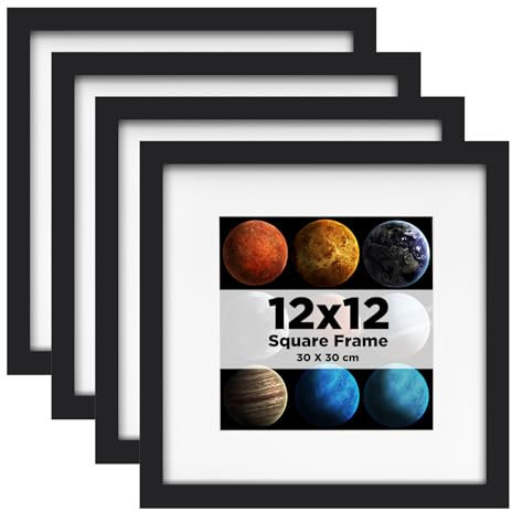 EGOFINE 12x12 Picture Frames Black Set of 4, Solid Wood Photo Frame with Acrylic Glass for Picture 8x8 with Mat or 30x30cm without Mat, Square Frames for Portrait, Printing, Landscape, Black