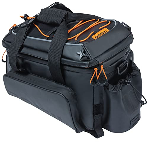 Basil Miles XL Pro Gepäckträgertasche – wasserdichte Rolltop-Tasche mit Riemen – erweiterbar 9–36 L – für E-Bike & Fahrrad – Tarpaulin - Ohne Adapterplatte - 33x19x17 cm - Schwarz/Orange