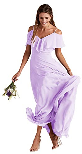 Vestidos de dama de honor Tirantes Espaguetis Gasa Una línea de cuello en V Volantes Largos Vestidos de dama de honor con bolsillos de hendidura, Lila, 40