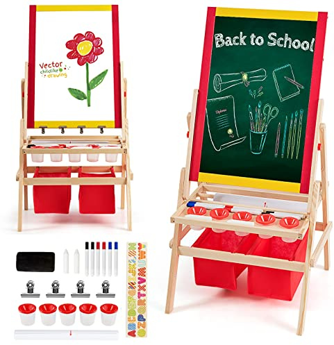 LIFEZEAL Lavagna per Bambini, Cavalletto in Legno di Pino, con Ripiano di Stoccaggio e Accessori Completi, Lavagna Bifacciale, Nera e Bianca Magnetica, Pittura, Disegno e Scrittura, 52,5x51,5x106,5cm
