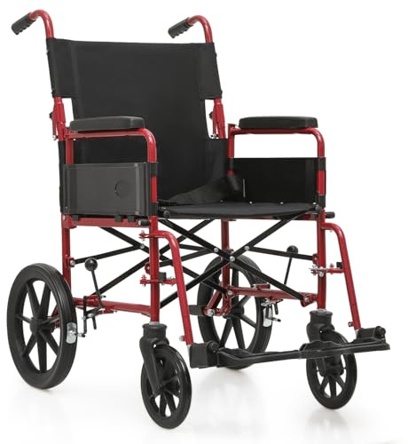 monicare Folding Transport Wheelchair for Adults, Heavy-Duty Wheel Chair with Padded Armrest and Swing-Away Footrest, 18 Inch Wide Seat Transport Chair for Seniors, 300Lbs Capacity, Red