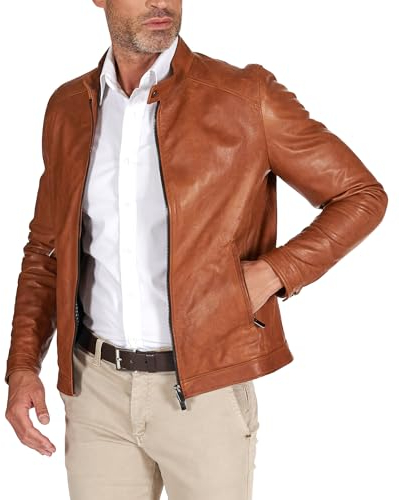 D'Arienzo Giacca in Pelle Color Cuoio Uomo Giubbotto Giubbino Moto Vintage Vera Pelle Made in Italy Ted 50/Cuoio