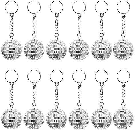 MFUOE 12 llaveros de bola de discoteca con espejo plateado, llavero de bola de discoteca, adorno colgante para fiesta temática de los años 70 y 80, boda, Halloween, decoraciones de Navidad