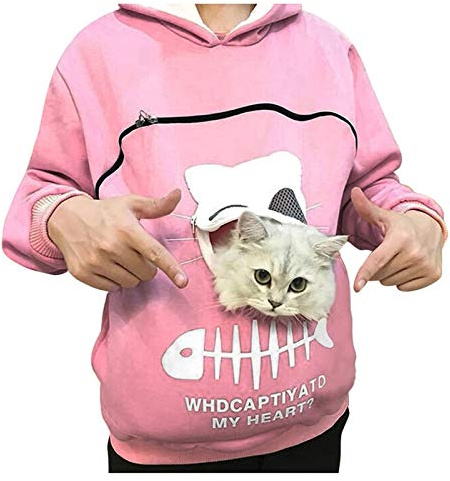Damen Kapuzenpullover Pulli mit Hundetasche Katzen Hund Tasche Hoodie Katze Sweatshirt Pullover mit Kapuze Katzenpulli Beutel Langarm Herbst Winter