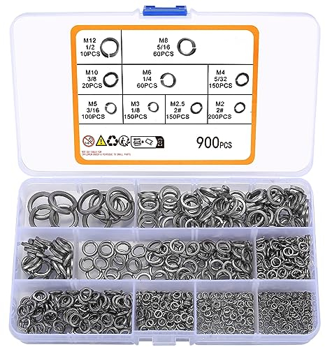 Geteilte Sicherungsscheiben, 900 Stück Edelstahl-Federscheiben, geteilte Ringscheiben, elastische Dichtungen für Bolzen, Schrauben, 2#, 1/8, 5/32, 3/16, 1/4, 5/16, 3/8, 1/2