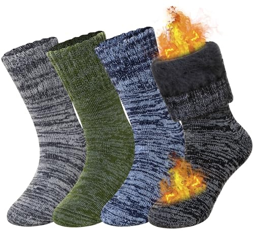 AMENLAN Kids Heated Hiking Socks Winter Children Thick Soft Warm Thermal Snowboarding Boy Girls Insulated Socks 4 Pairs (Multicolor B, 8-12 Years)