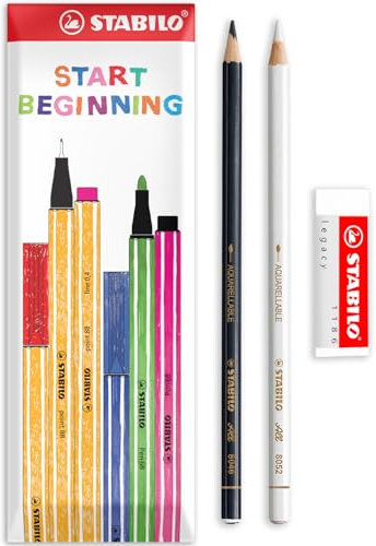 STABILO Buntstift für fast alle Oberflächen – 2 Stück – Schwarz & Weiß + Legacy Radiergummi