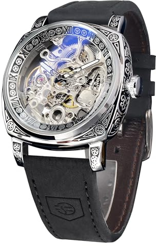 FORSINING Orologi da uomo, orologio meccanico retrò quadrato intagliato a carica automatica, orologio da polso con cinturino in pelle vintage, nero