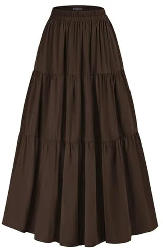 Damen-Stufenrock, elastisch, hohe Taille, Swing-Rock, Vintage-Damenrock, unregelmäßiger Saum, Volants, Lange Röcke-Kaffee-M