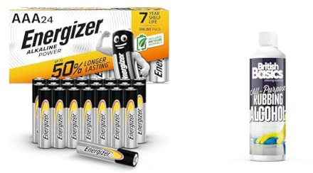 Energizer AAA Batteries, Alkaline Power, 24 Pack, Triple A Battery Pack & BritishBasics All Purpose Rubbing Alcohol | Isopropyl 99% Pure Isopropanol IPA for Cleaning 500ml