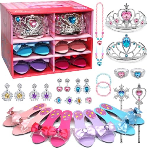 Prinzessin Schuhe Spielzeug für Mädchen - 4 Paar Schuhe und 2 Sätze Spiel-Schmuck-Boutique, Geburtstag Weihnachten Geschenke 3-6 Jahre