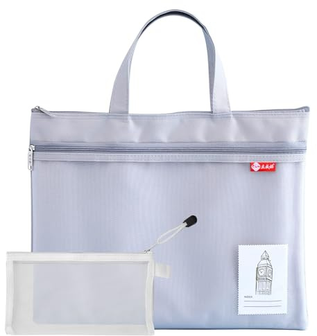 Bolsa de Documentos A4, 2 Piezas Bolsas de Documentos de Malla Bolsas Zip Impermeable con Manija Doble Capa Bolsa de Archivo de Cremallera A4 útiles de Oficina Estudiantil (Gris)