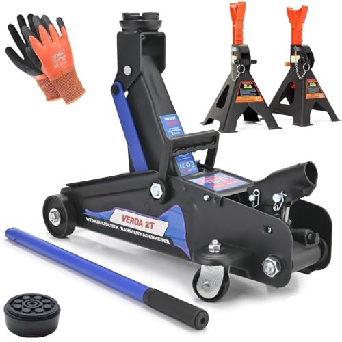 Hydraulischer Wagenheber 2T, 140-310mm + Gummiauflage + Montagehandschuhe + Unterstellbock Rangierwagenheber Geländewagen, SUV, Jeep Wohnmobil Profi (Wagenheber 2T SN3061 + 2X Bock mit Sicherung)