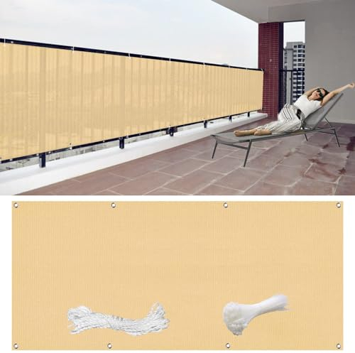 GAIFNAG Balkon Sichtschutz/Balkonbespannung 110 x 850 cm Blickdichte Balkonbespannung, Balkonumspannung Balkonumrandung mit Ösen, Nylon Kabelbinder Und Kordel für Balkon Garten im Freien, Sandgelb