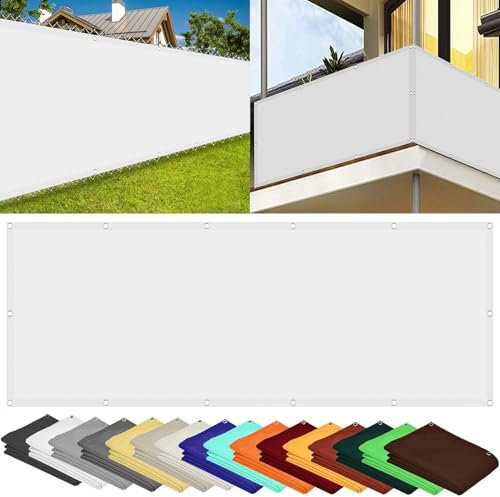 Balkon Sichtschutz mit Ösen 130 x 140 cm Ohne Bohren, inkl Seil Balkonbespannung Balkonsichtschutz mit Ösen Kabelbinder Und Kordel für Balkongeländer, Terrasse Garten, Weiß