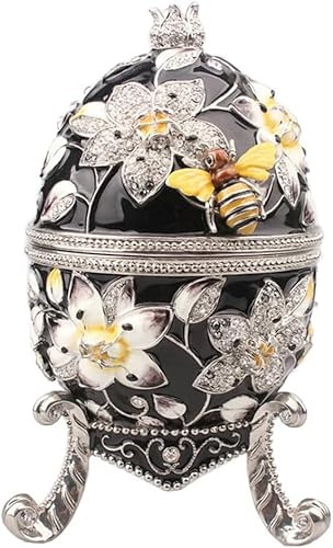 Hand Painted Enameled Big Faberge Egg, Bee Jewerly Trinket Box Vintage Style Decorative Hinged Trinket Box, Unique Gift For Home Decor,Black