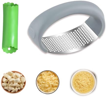 Xiujuers Prensa Ajos Acero Inoxidable, Prensador de Ajos con Pelador de Ajos, Prensa de Ajos Balancín de Acero Inoxidable, Picador de Ajos Manual, Garlic Crusher, Utensilio de Cocina