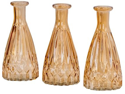 levandeo 3er Set Vasen Glas H15cm Amber Orange Blumenvase Tischdeko Bernstein Glasvase Blumendeko Vintage Kristallmuster Dekovase