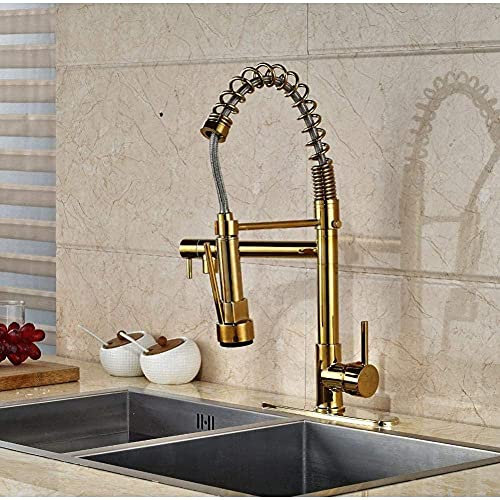 DLNTXFDG Rubinetto da Cucina Water-Tap Gold con Doppio beccuccio Sp Miscelatore per lavello con Piastra di Copertura 10 Miscelatore per Acqua Calda e Fredda Montato sul Ponte