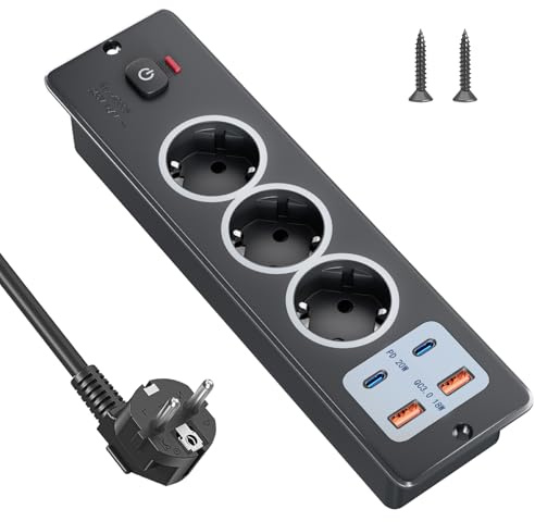JACEPFY PD20W Einbausteckdose 3-Fach Tischsteckdose mit 2 USB C und 2 USB A, Versenkte Steckdose mit Schalter und 2M Kabel für Möbel Küche Tischplatte, schwarz