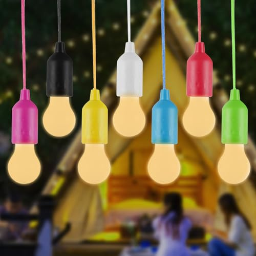 MVIOCS 7 Stück LED Zugschnur Glühbirnen, Batteriebetriebene Zeltlampe Birne, Tragbare LED Laterne Warmweiß 3000K für Indoor Outdoor, Notfall, Camping, Dekoration, Party