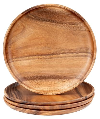 levandeo Lot de 4 assiettes rondes en bois d'acacia - Diamètre : 30 cm - Assiettes décoratives en bois d'acacia - Fabriquées à la main - Décoration de table unique