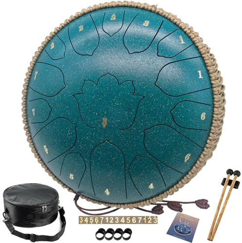 BETESINE 13-Inch 15-Note Steel Tongue Drum in C Major, Beginner-Friendly Meditation Drum with Mallets, Music Book, Finger Picks, Carry Bag & Note Stickers, Malachite Green
