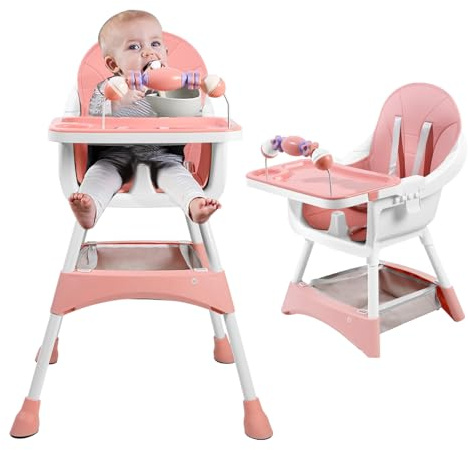 UBRAVOO Convertible High Chair for Babies and Toddlers, Foldable, Easy Clean, Padded Seat, Footrest,Tray Cup Holder, 15 kg Max Load, Aged 6 Months to 3 Years (Pink, 3-in-1 Highchair)