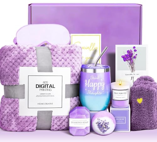 Get Well Soon Gift Baskets for Women Purple, Care Package Self Care Gifts, After Surgery Basket Thinking of You Gifts with Blanket for Women, Her, Mom, Wife
