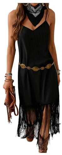 Verdusa Women's Western Fringe Dress Vintage Deep V Neck Maxi Cowgirl Dresses Black Medium