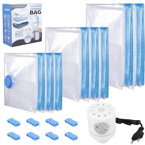 Behogan Lot de 8 sacs sous vide pour vêtements avec pompe à air électrique, 2 jumbo, 3 grands, 3 moyens - Sacs de compression sous vide réutilisables pour oreillers, voyage, linge de lit, sacs de