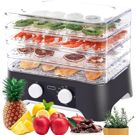 Food Dehydrator for Jerky and Fruits, 4 Trays, Temperature Adjustable 35-70℃ for Herbs, Meat, Vegetables, and Healthy Snacks