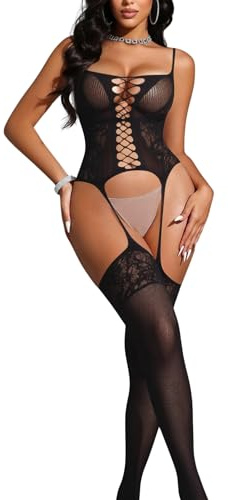 Gatamiau Women's Sexy Fishnet Bodystockings See Through Lace Lingerie Slim Fit Sleeveless Hollow Bodysuit Sheer Underwear Bodystockings with Garter Belt Babydoll Naughty Lingerie (Black, Free Size)