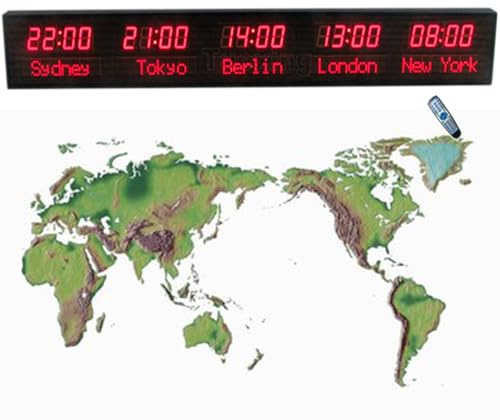 LJYKBFL Orologio con fusi orari mondiali, Orologio Digitale con più fusi orari, Orologio Mondiale a LED, 3 Livelli di Regolazione della luminosità, Orologio Mondiale con 5 Città, con Telecomando