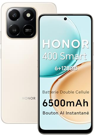 HONOR 400 Smart 4G Smartphone Dual SIM NFC Android 15, 6+128GB, 108MP +2MP avec Bouton AI Téléphone, 6500mAh Batterie Double Cellule, 5 étoiles SGS&IP65, 6.77 Pouces 120 Hzécran Confort, Desert Gold