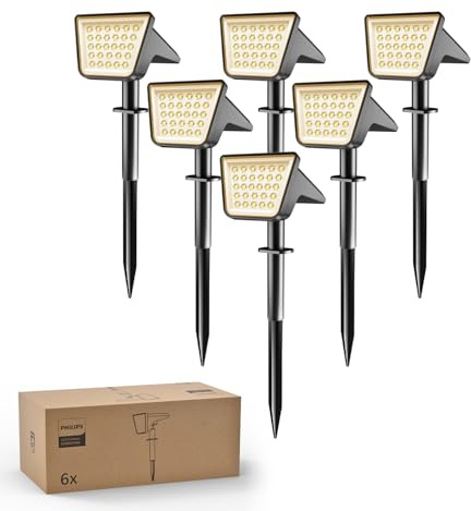 Philips 6 Stück Solarstrahler für Außen Garten, 28 LEDs 3000K Warmweiß Solarbetriebene Landschaftsbeleuchtung, Wasserdicht Wegeleuchten, Dusk to Dawn – für Garten, Hof, Rasen, Gehweg